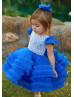 Royal Blue Pearl Rhinestone V Back Luxury Flower Girl Dress